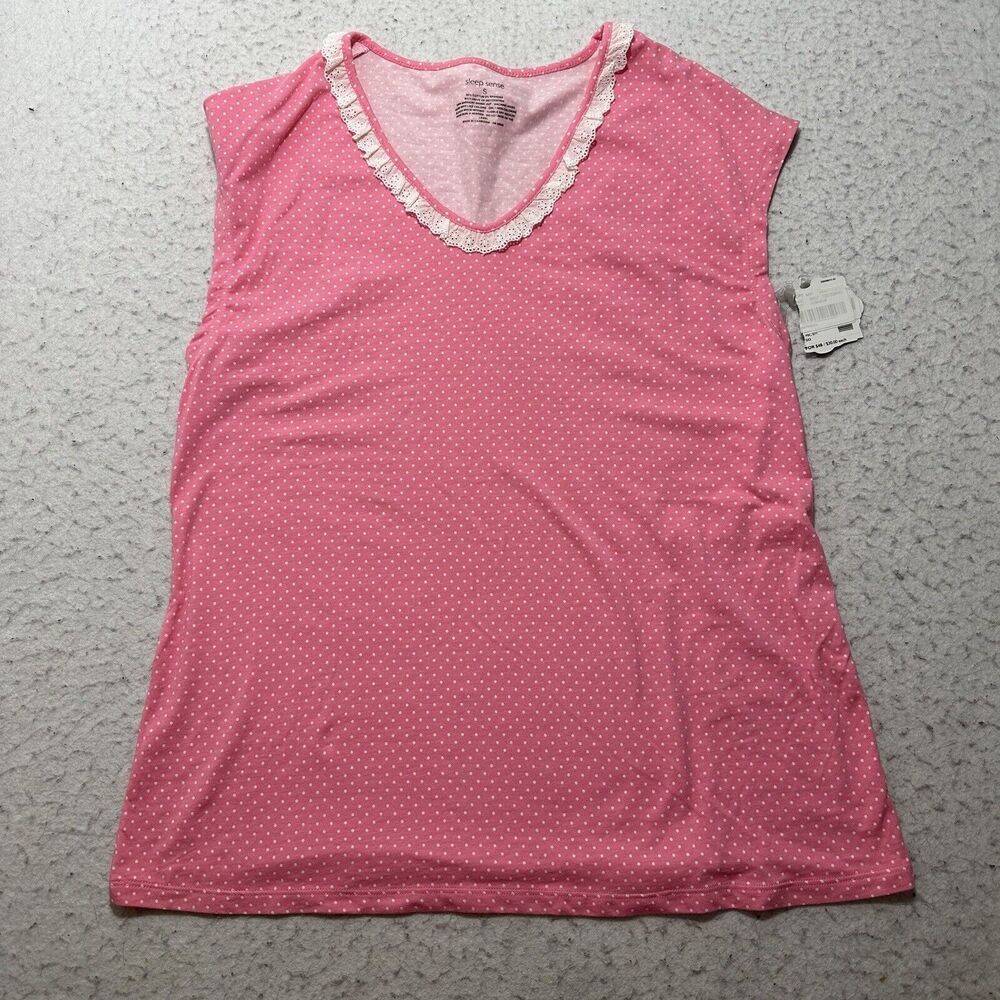 Sleep Sense Women's Small Sleepwear Pajama Top Pink White Polka Dot Lace Trim